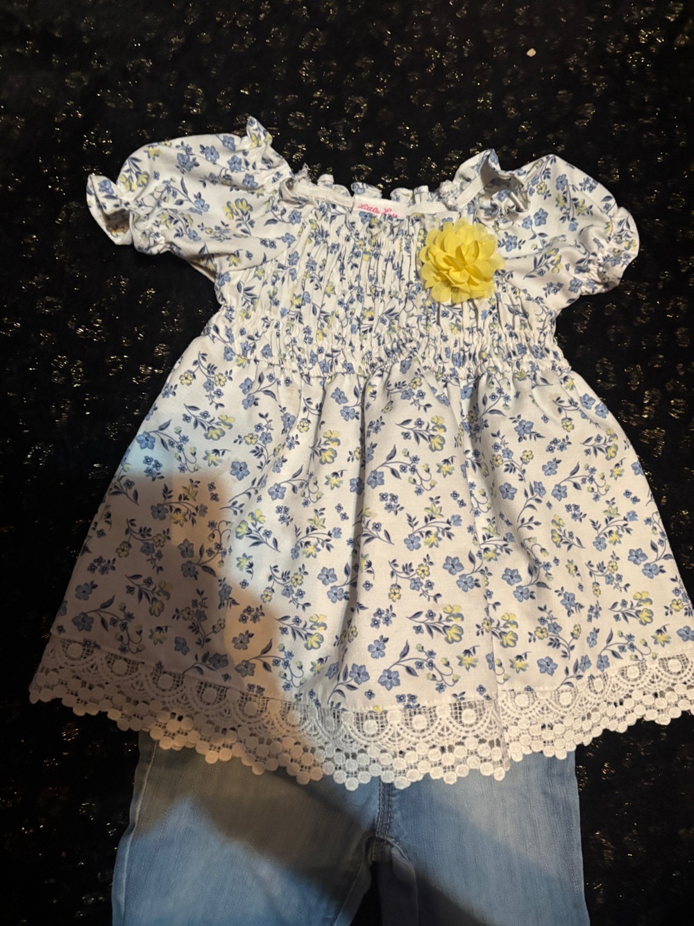 Girls Floral Smocked Top with Light Wash Jeans - Blue & White - Picture 2 of 6